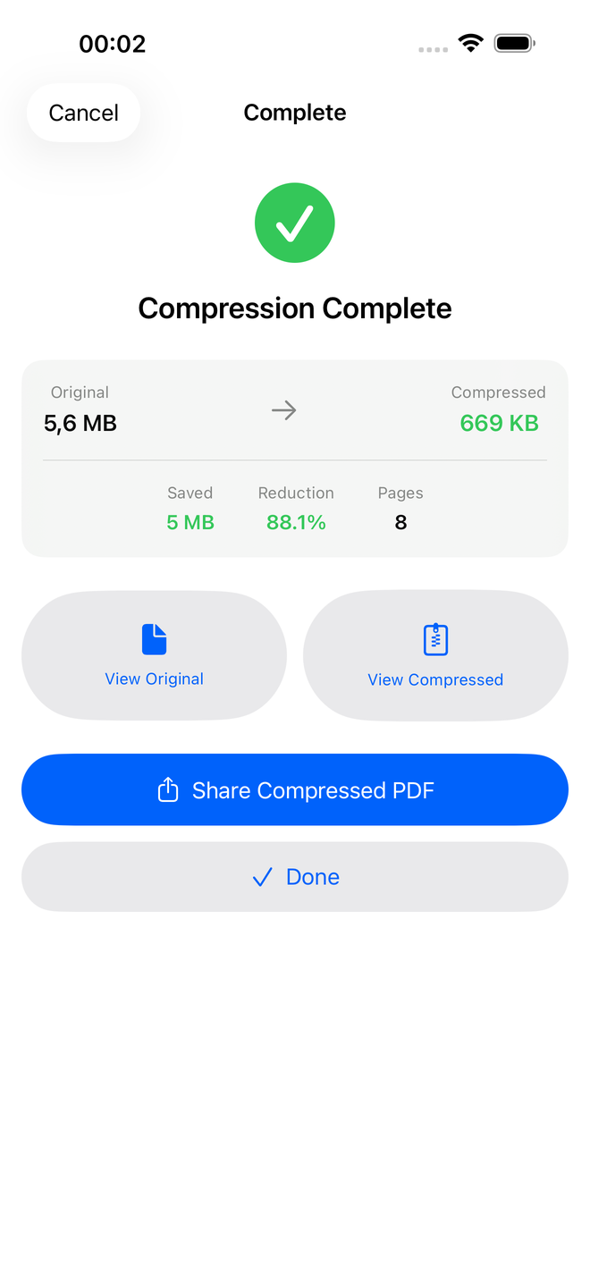 Smart PDF Compressor showing 88.1% size reduction from 5.6 MB to 669 KB