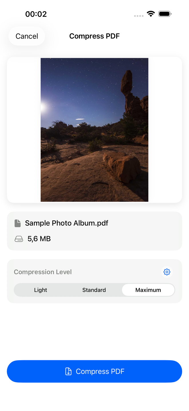 Smart PDF Compressor preset and slider settings screen